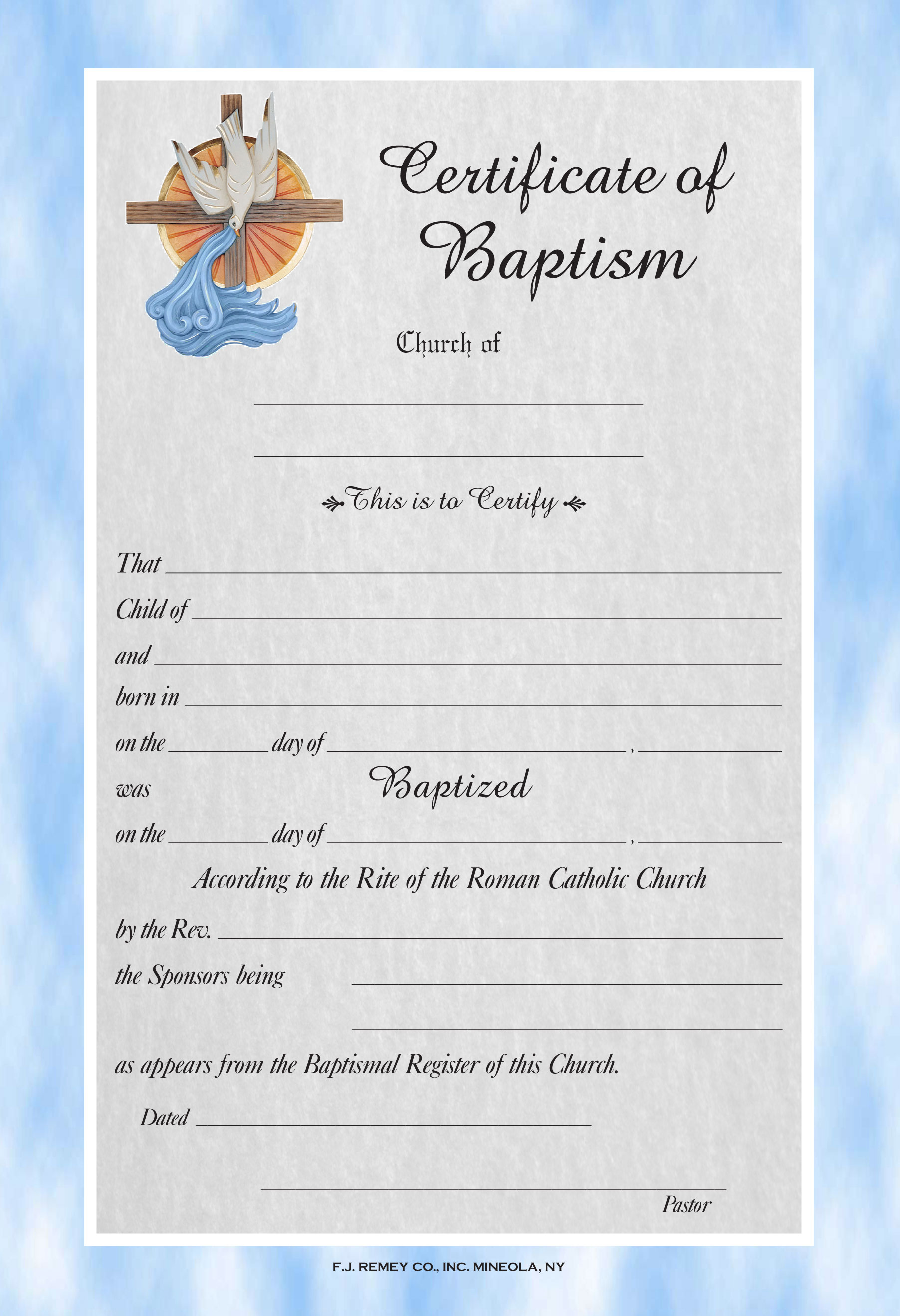 Bilingual Certificate of Baptism with Blue Border