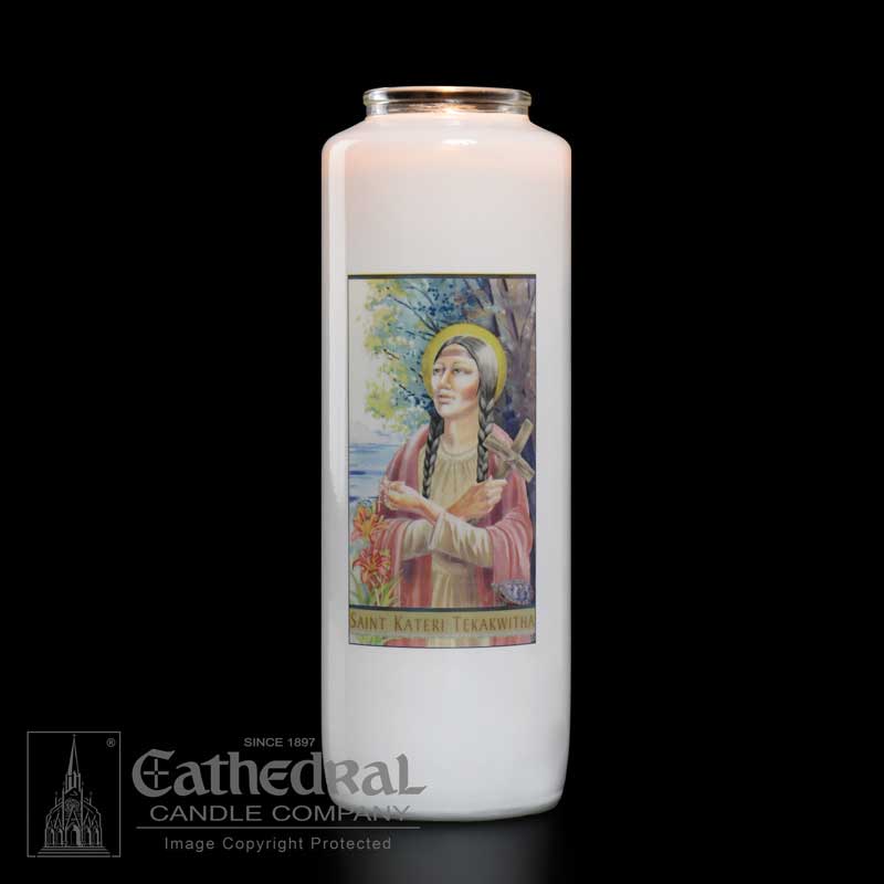 St Kateri Tekakwitha Full Color Glass Bottleneck Candle