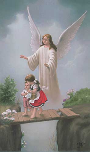 Guardian Angel on Bridge Holy Card (8-UP). 01-1399. Tonini Church Supply
