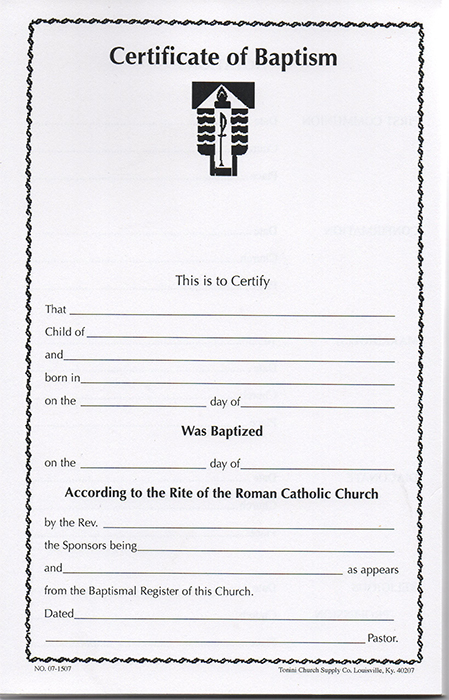 Baptism Certificate Pad. 07-0101. Tonini Church Supply