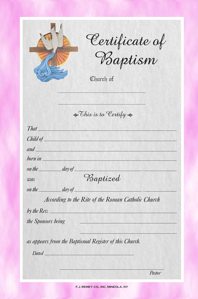 Bilingual Certificate of Baptism with Pink Border