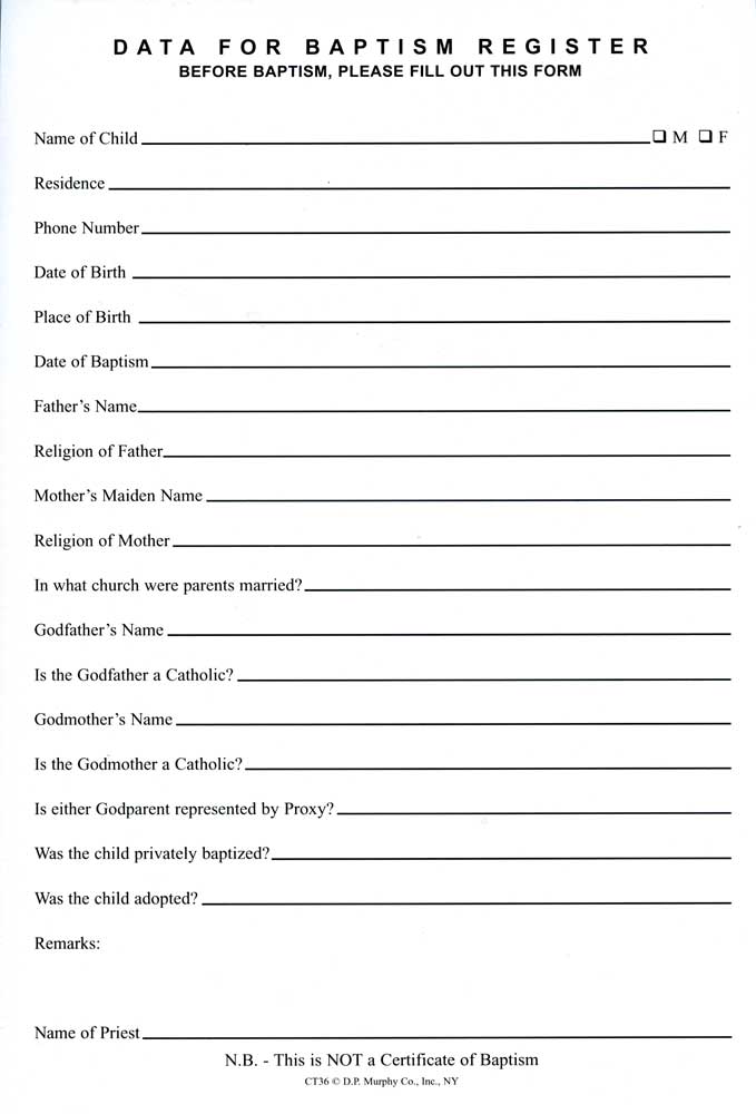 Baptism Register Pad - 50 per Pad