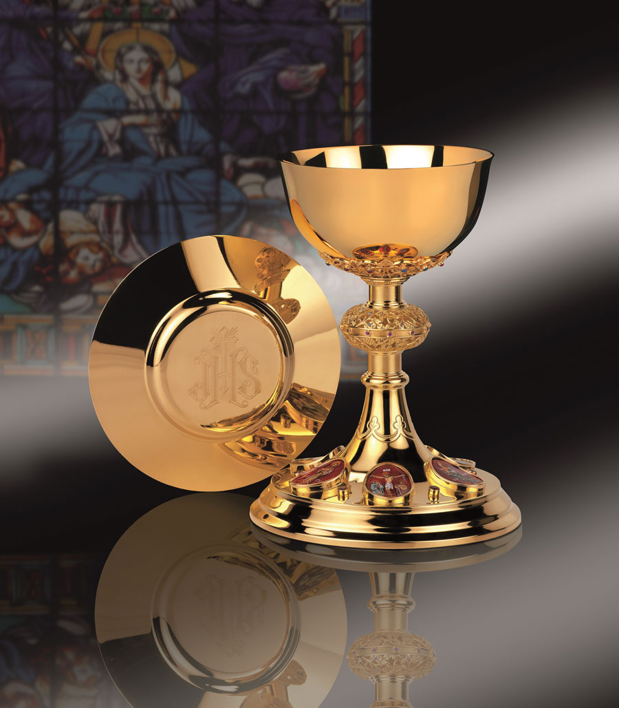 Four Evangelists Chalice with IHS Engraved Dish Paten