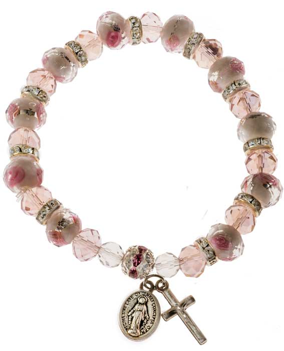 Pink Floral Beaded Stretch Bracelet