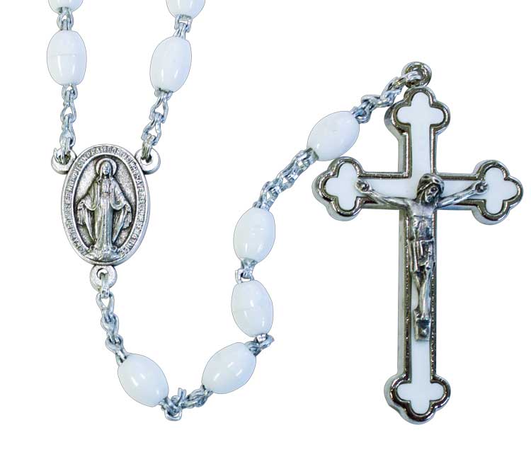 White Oval Bead Budded Crucifix Rosary