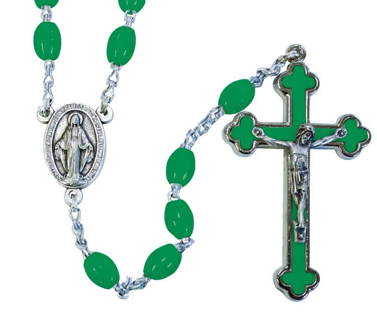 Green Oval Bead Budded Crucifix Rosary