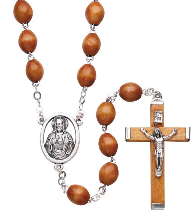 Rosary Beads, Wood & Metal Crucifix, Brown, Sacred Heart of Jesus  Centerpiece