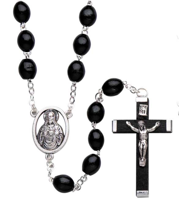 Sacred Heart Black Wood Bead Rosary