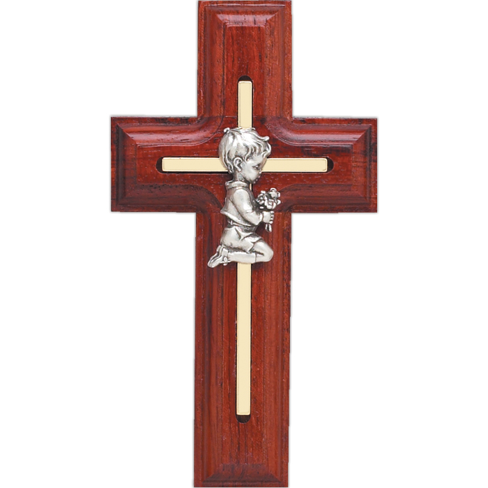 Inlayed Brass Wood Kneeling Boy Cross