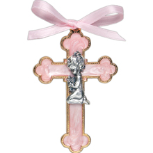 Pink Pearl Enamel Kneeling Girl Cross