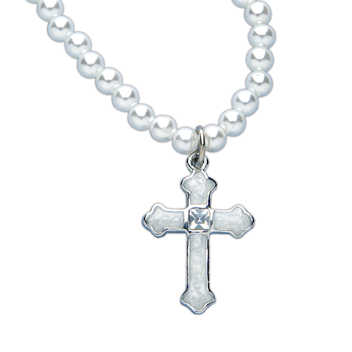 Glass Pearl Necklace and Pearlized Silver Cross