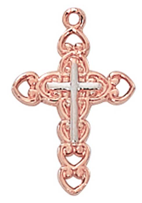 Two-Tone Rose Gold Plated Pewter Filigree Cross Pendant