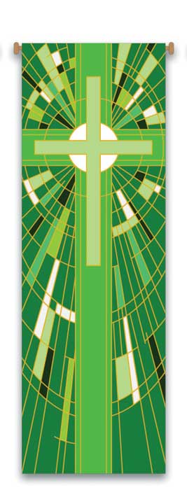 Green Cross Banner with Stained Glass Design