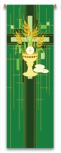 Chalice, Host and Wheat Banner with Stained Glass Design