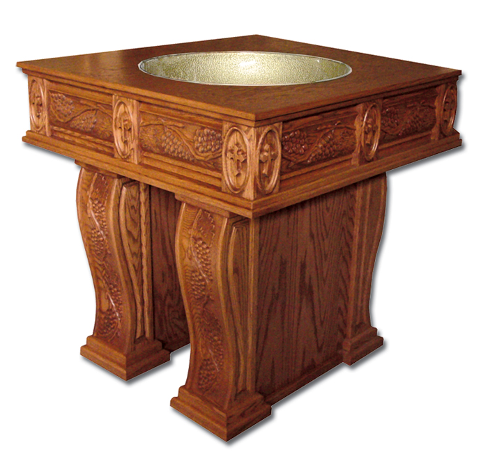 Wood Grape and Leaf Design Baptismal Font