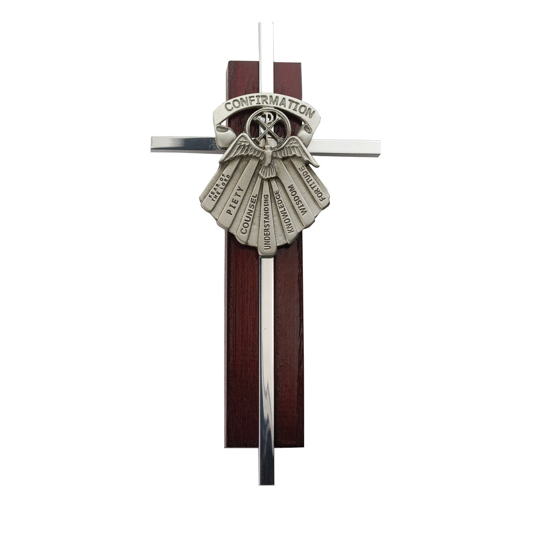 Silver Confirmation Cross on Cherry Wood