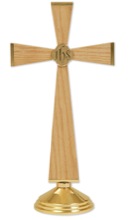 Brass and Oak Altar Cross with IHS Medallion