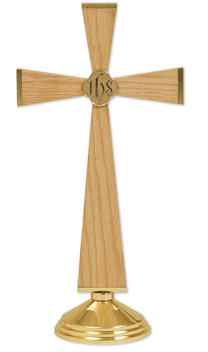 Brass and Oak Altar Cross with IHS Medallion