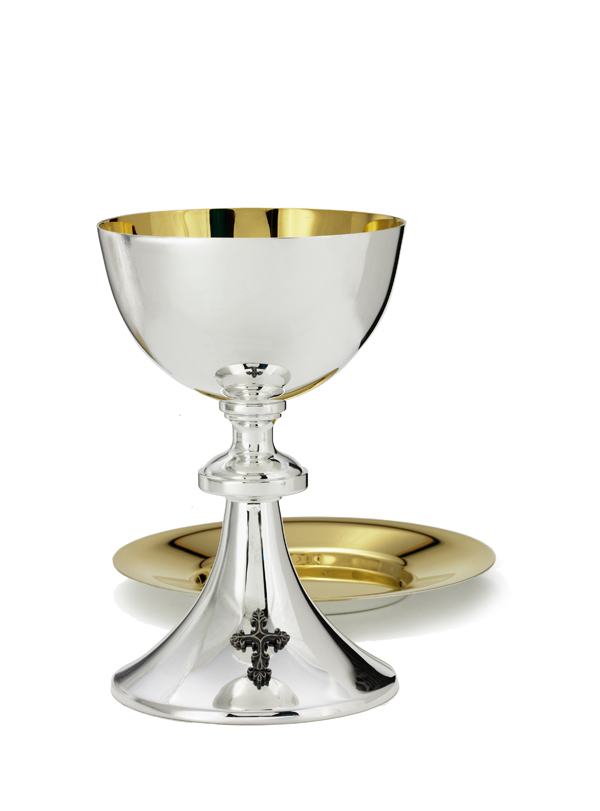 Wide Rim Silverplated Cross Chalice with Paten