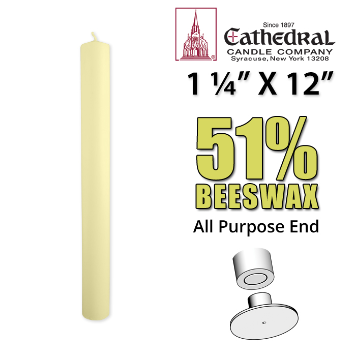1 1/4" x 12" 51% Beeswax Altar Candle